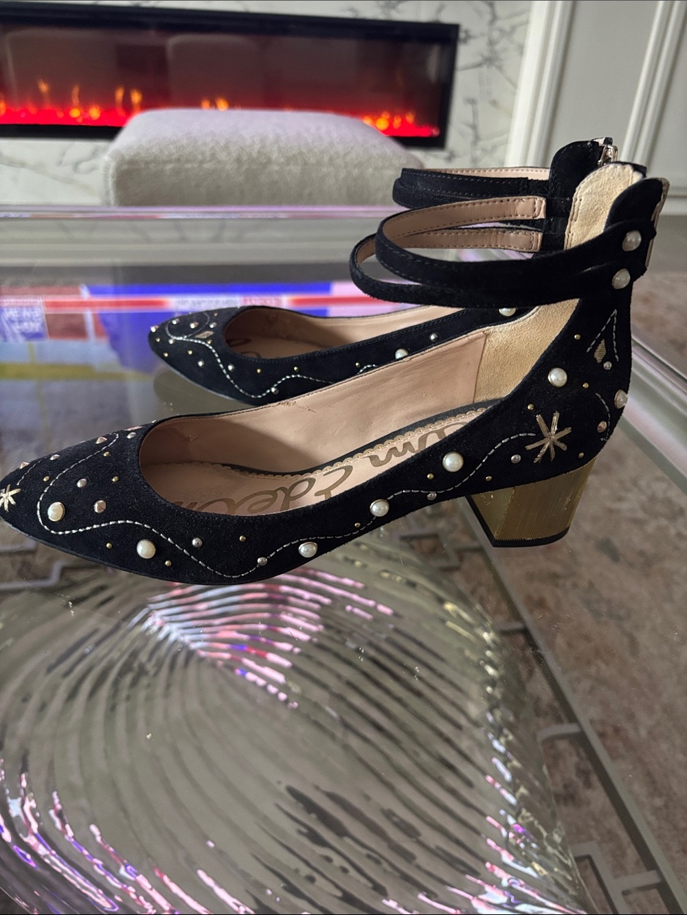Sam Edelman Black Suede Pearl & Gold Accent Block Heel Pumps